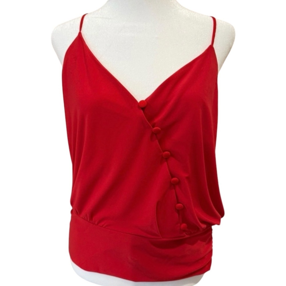 White House Black Market Red Blouson Cami Smocked Hem Faux Wrap Top Medium